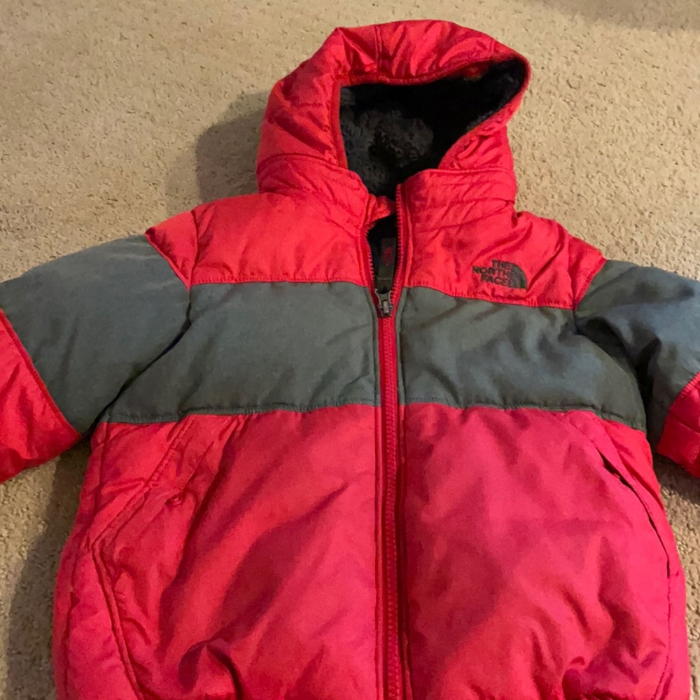Boys red and grey puffy north face coat
